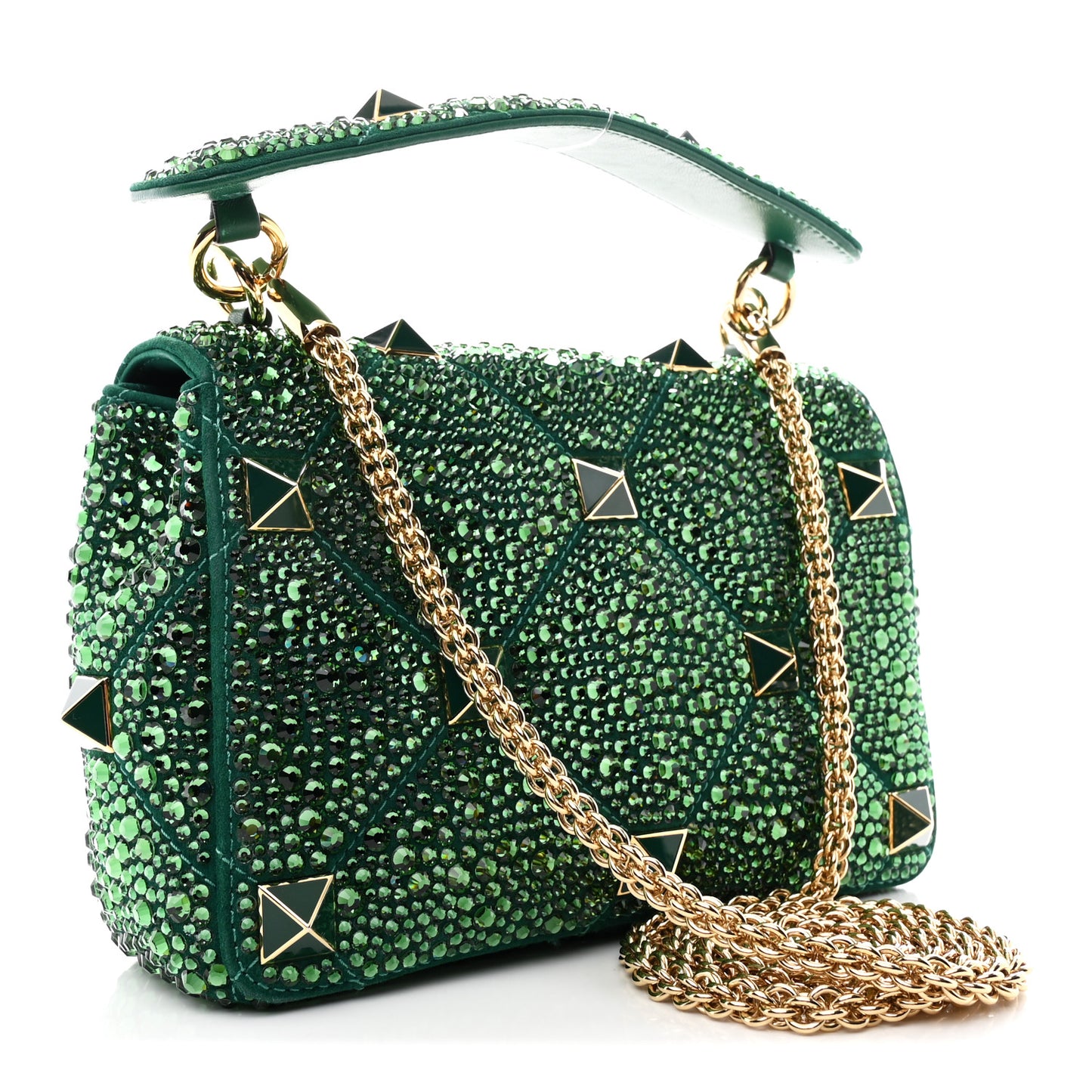 Crystal Suede Enamel Medium Roman Stud Shoulder Bag Green