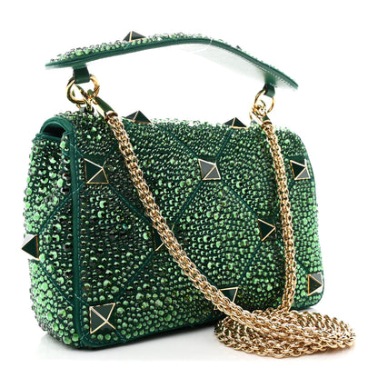 Valentino Garavani Crystal Suede Enamel Medium Roman Stud Shoulder Bag Green 3 of 11