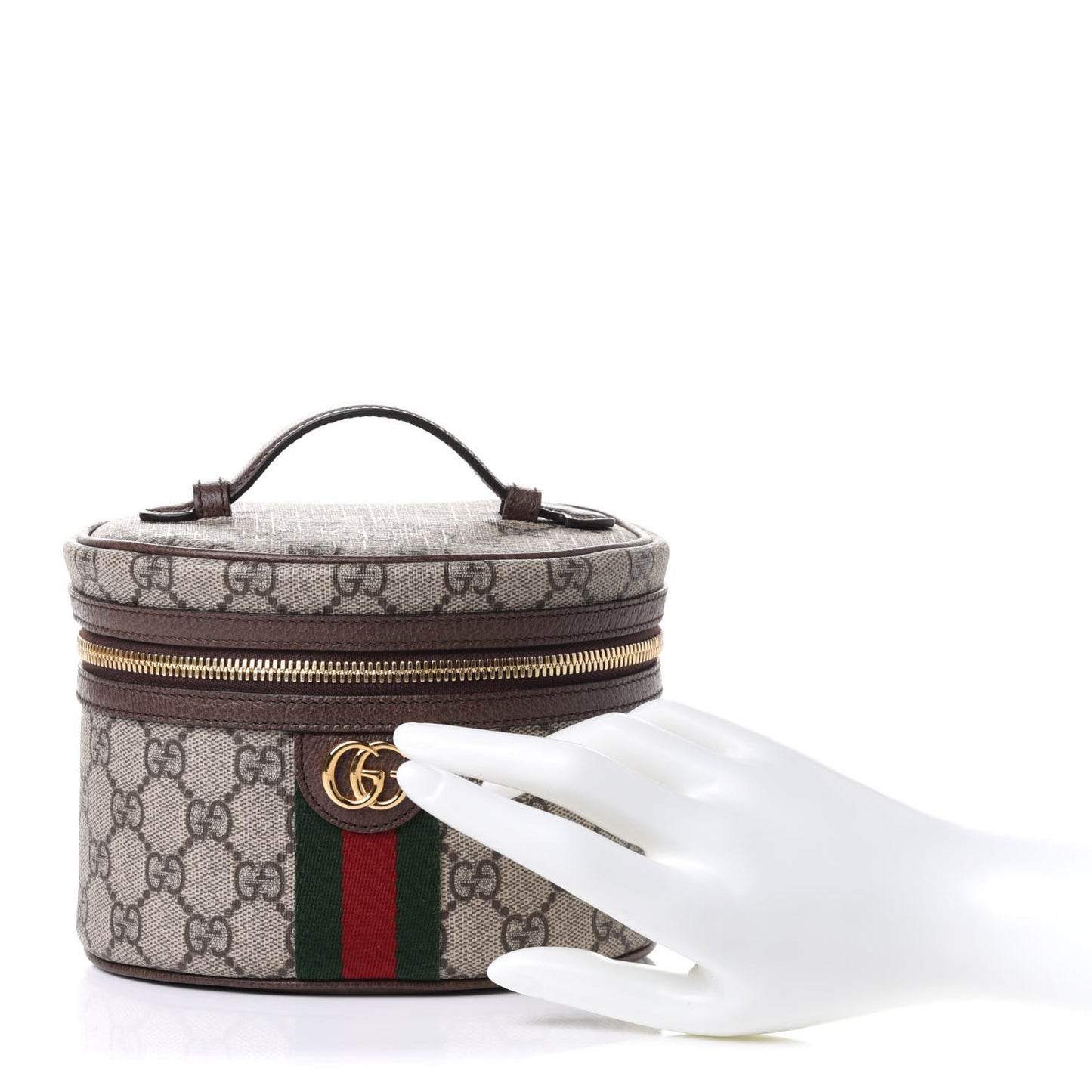 GG Supreme Monogram Textured Calfskin Web Ophidia Vanity Cosmetic Case Beige Ebony New Acero