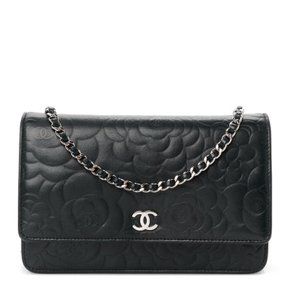 Chanel Lambskin Camellia Embossed Wallet on Chain WOC Black 1 of 12
