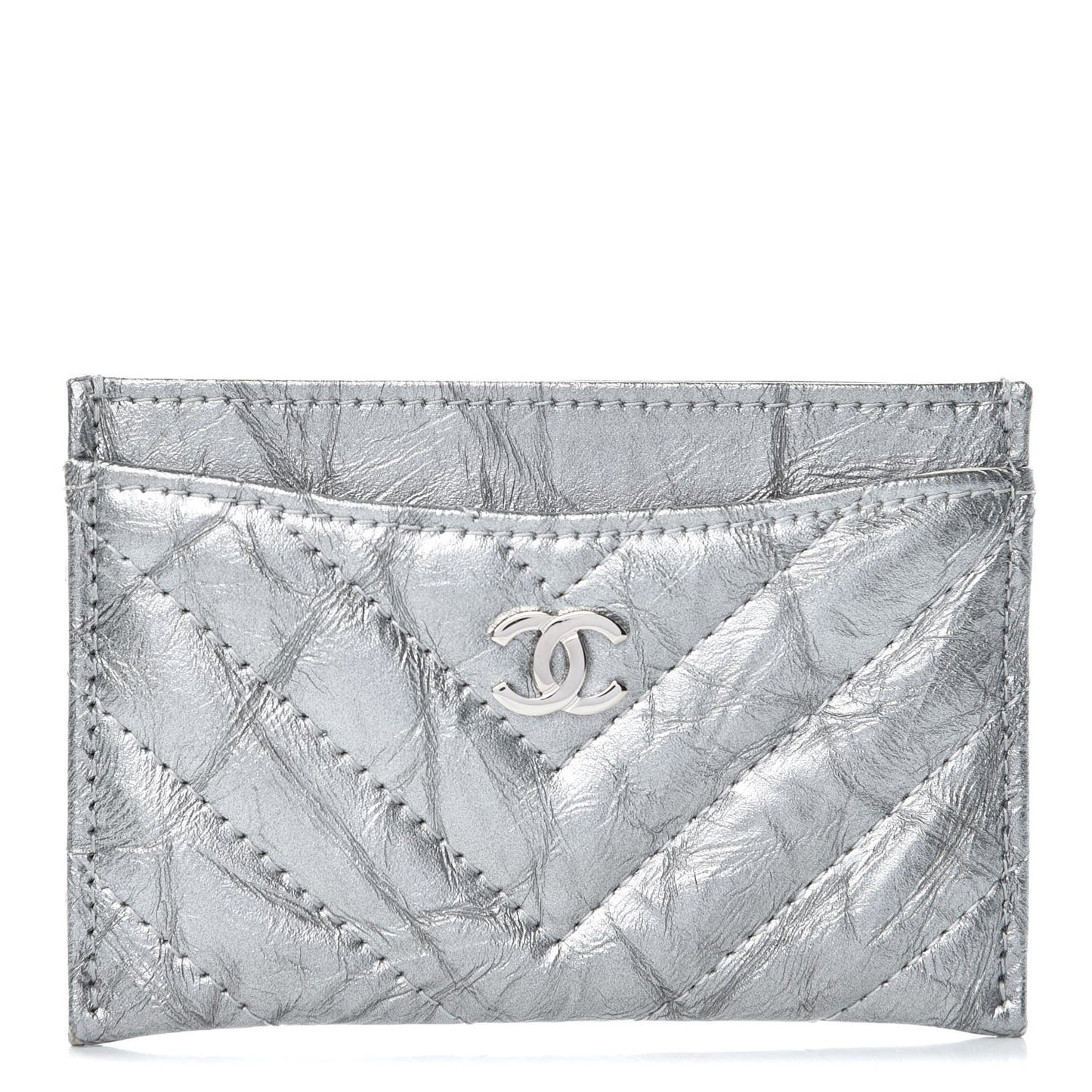 Patent Metallic Crumpled Calfskin Chevron Quilted Card Holder Silver