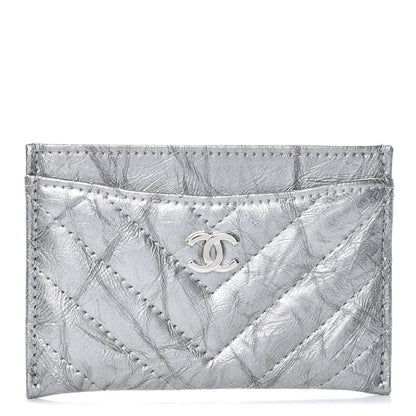 Chanel Patent Metallic Crumpled Calfskin Chevron Quilted Card Holder Silver 1 of 9