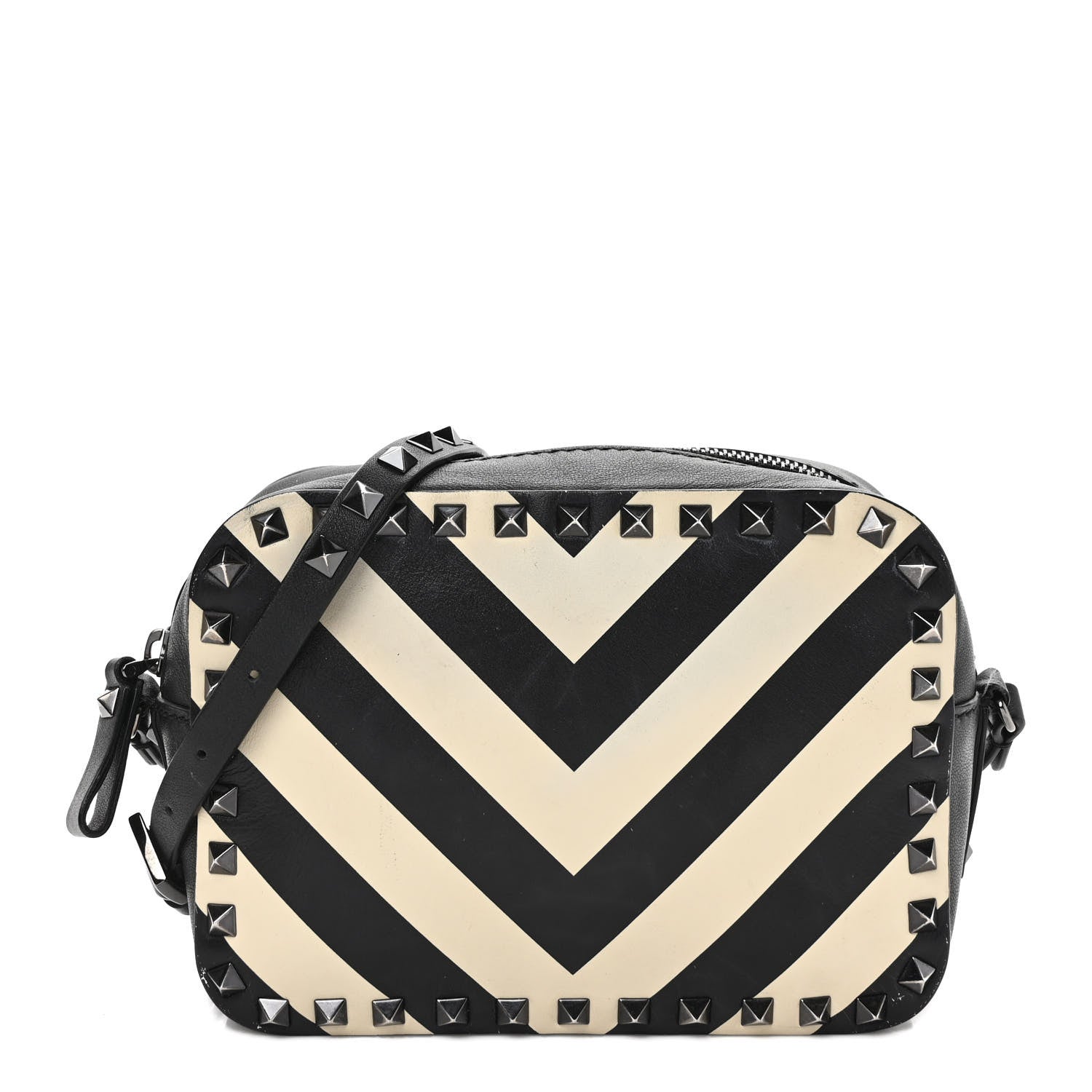 Valentino Garavani Vitello Chevron Rockstud Camera Crossbody Bag Light Ivory Black 1 of 12