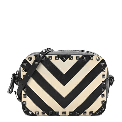 Valentino Garavani Vitello Chevron Rockstud Camera Crossbody Bag Light Ivory Black 1 of 12