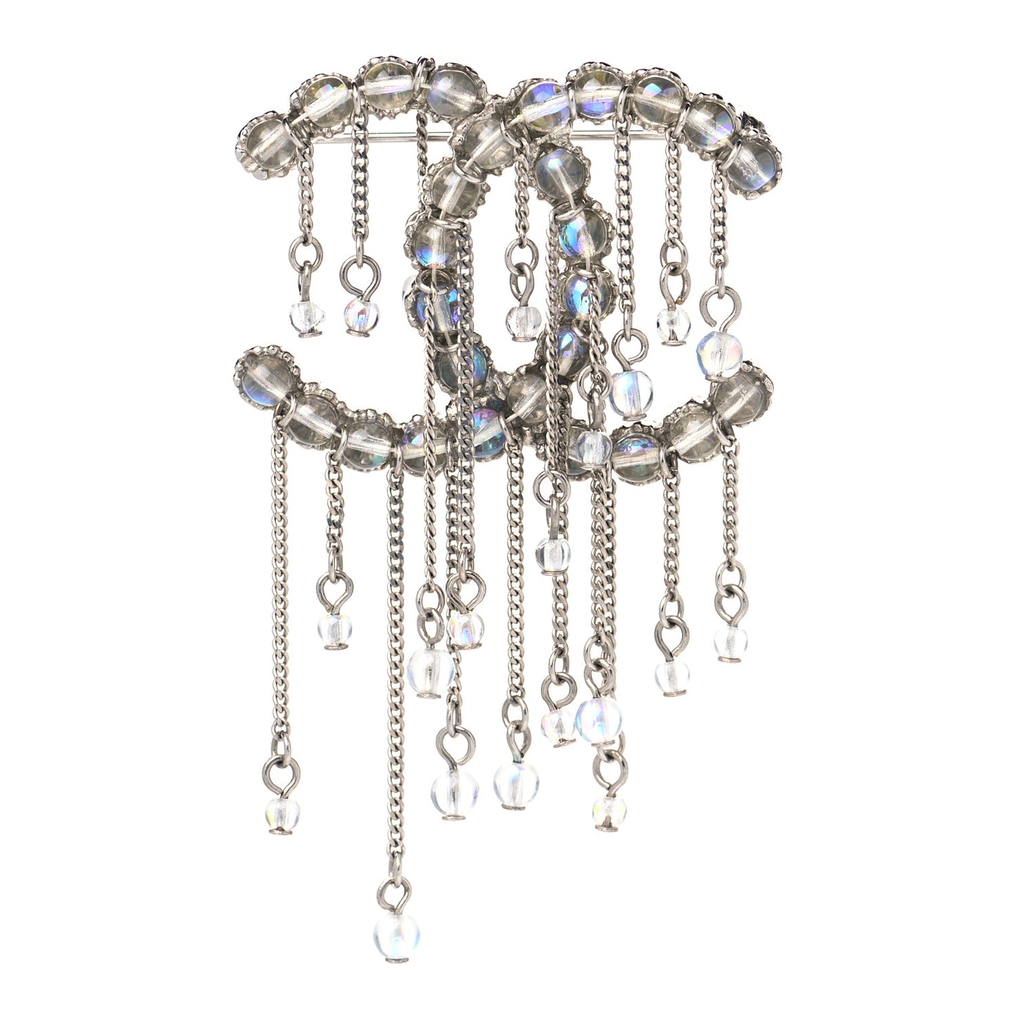 Beaded Chain CC Brooch Silver