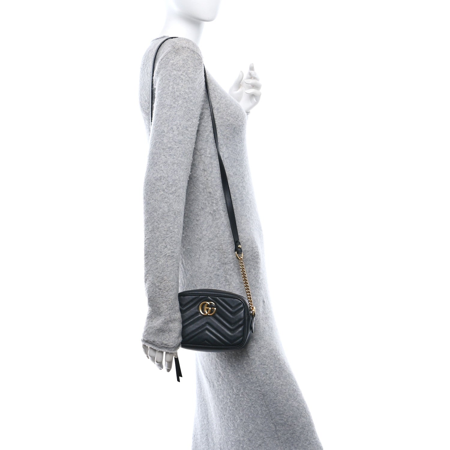 Gucci Calfskin Matelasse Mini GG Marmont Chain Shoulder Bag Black 2 of 11