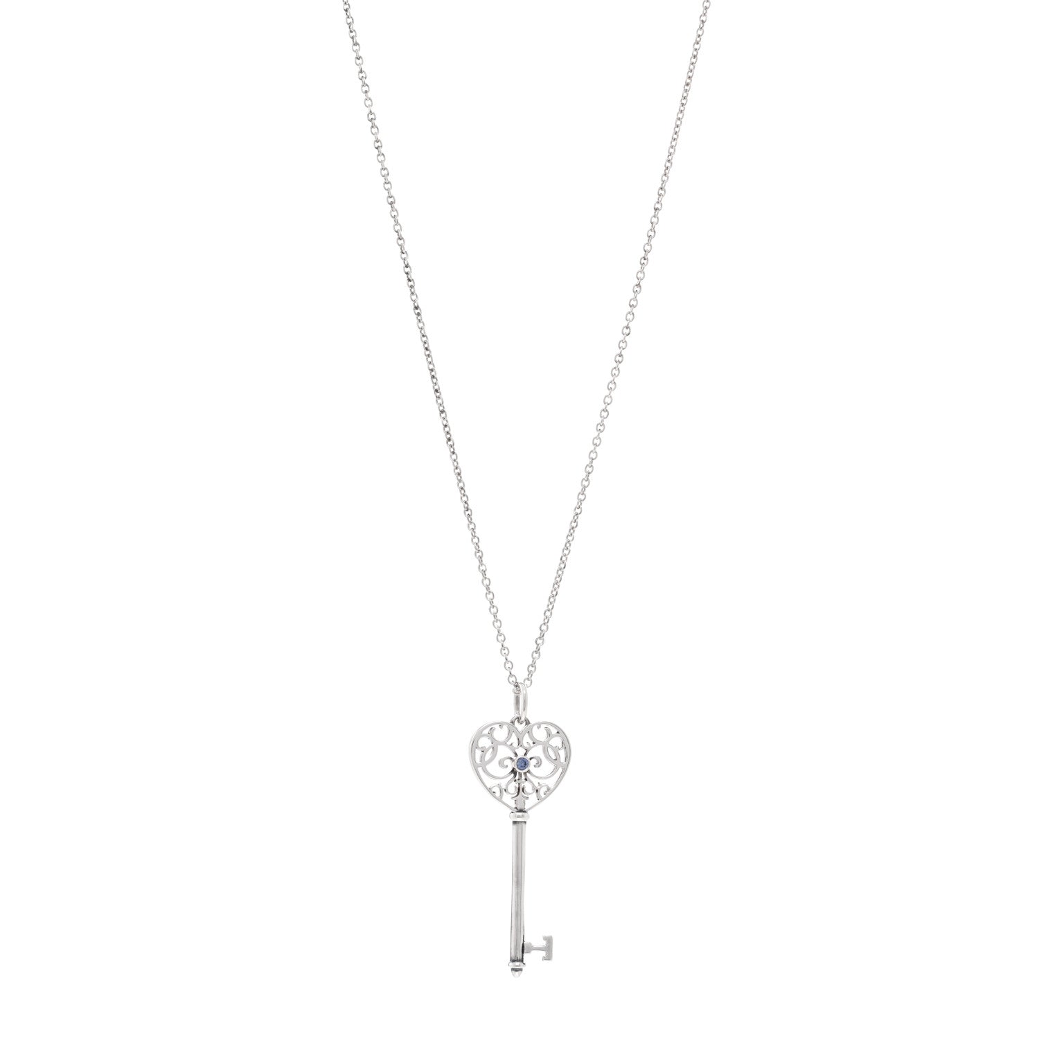 Tiffany Sterling Silver Blue Sapphire Enchant Heart Key Pendant Necklace 1 of 5