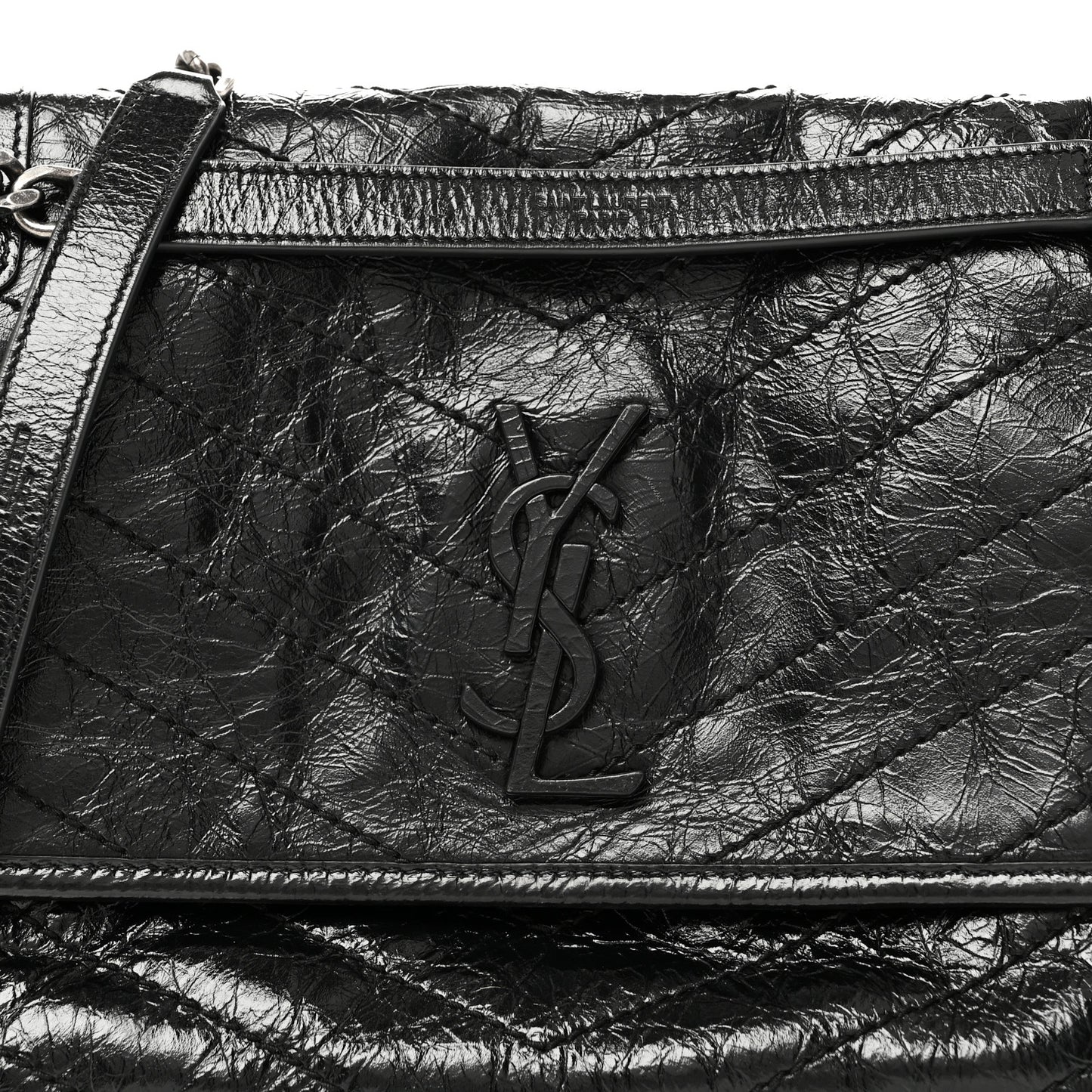Crinkled Calfskin Matelasse Monogram Medium Niki Chain Satchel Black