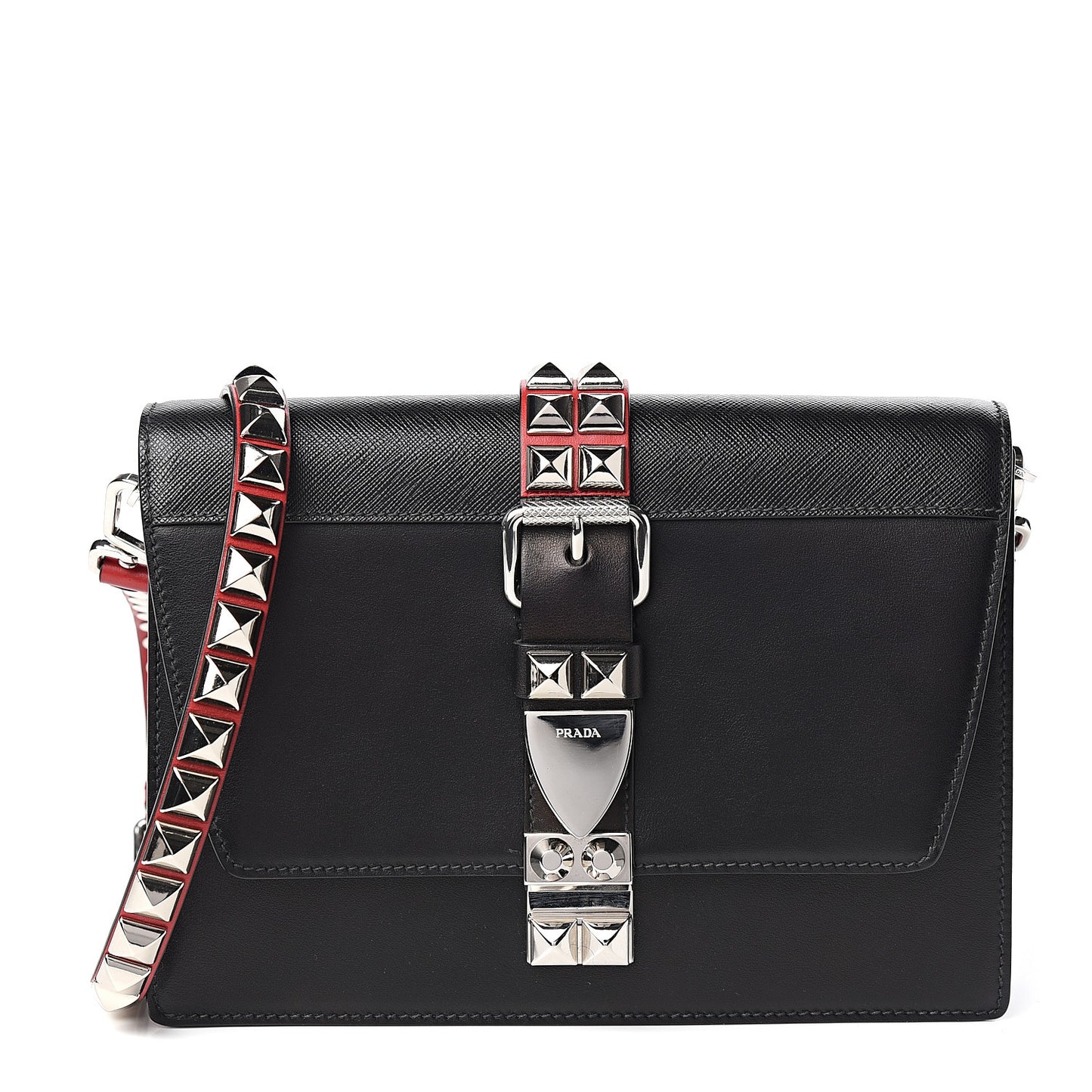 Saffiano City Calfskin Studded Large Elektra Shoulder Bag Black Fuoco