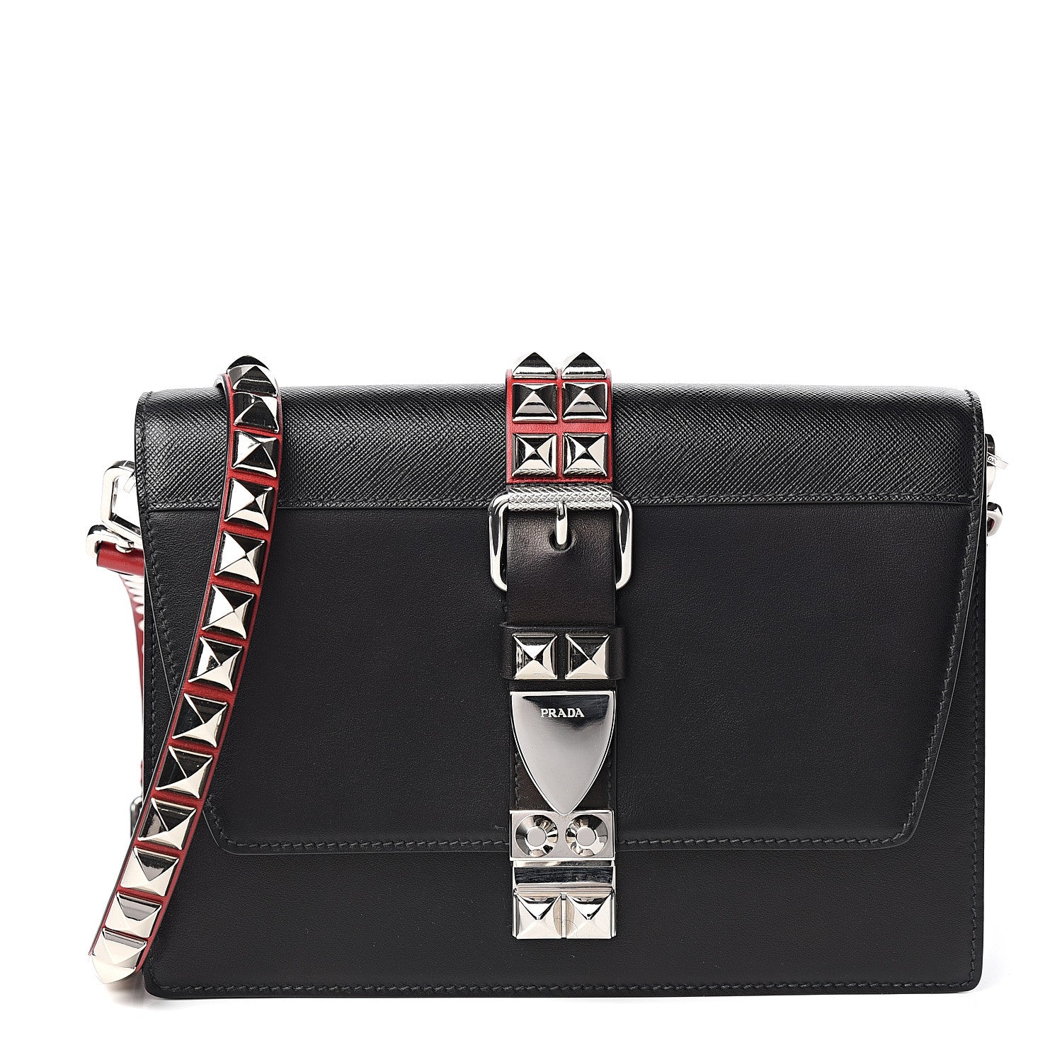 Prada Saffiano City Calfskin Studded Large Elektra Shoulder Bag Black Fuoco 1 of 9