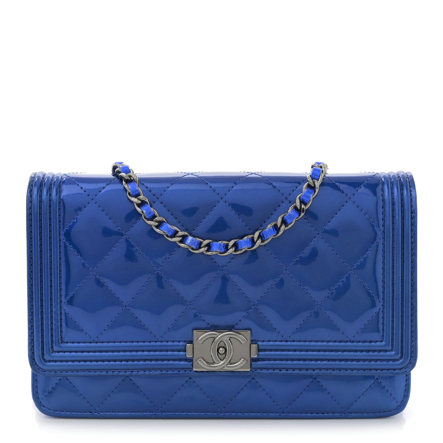 Chanel Metallic Patent Calfskin Quilted Boy Wallet on Chain WOC Blue 1 of 12