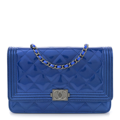 Chanel Metallic Patent Calfskin Quilted Boy Wallet on Chain WOC Blue 1 of 12