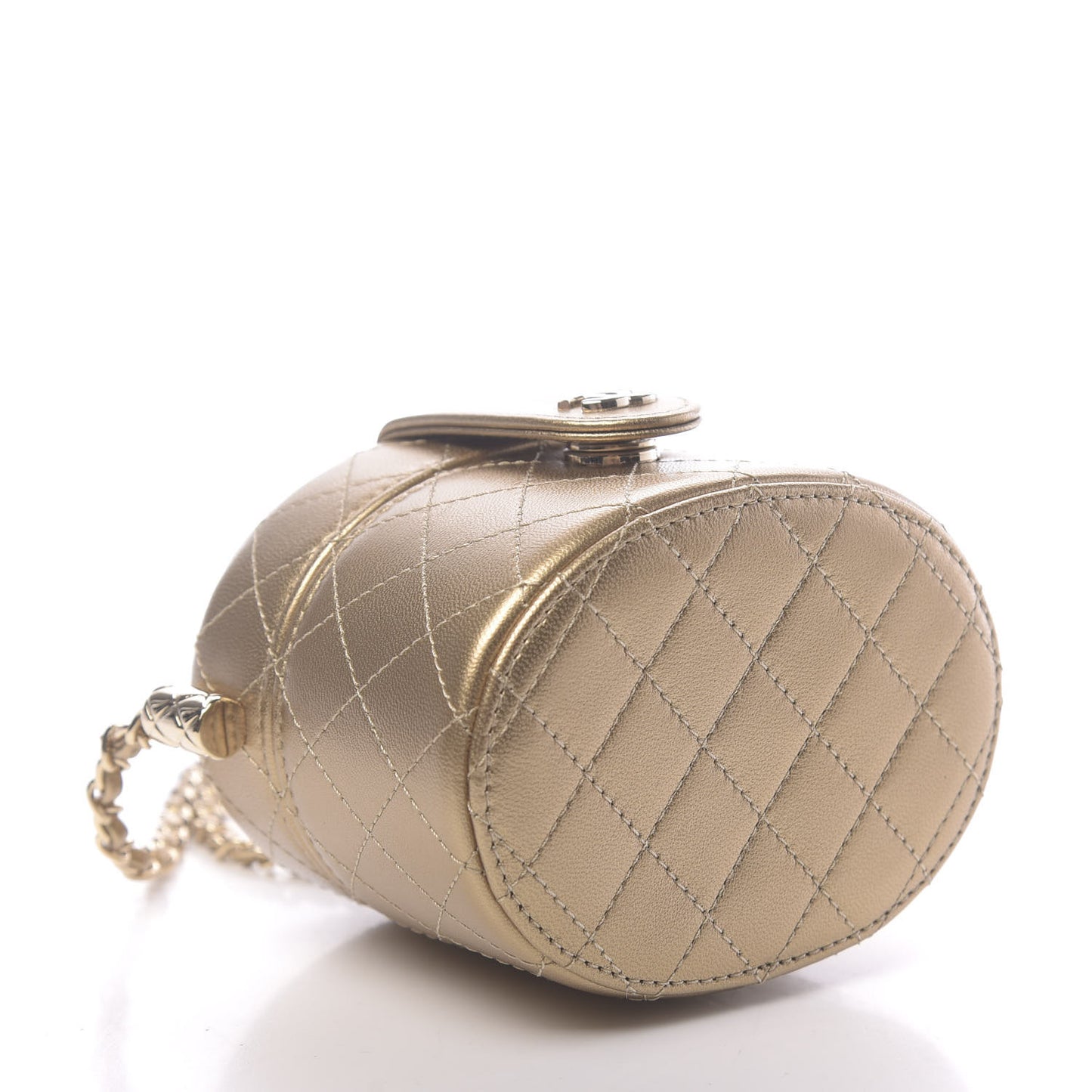 Metallic Lambskin Quilted Round Mini Vanity Case With Chain Gold