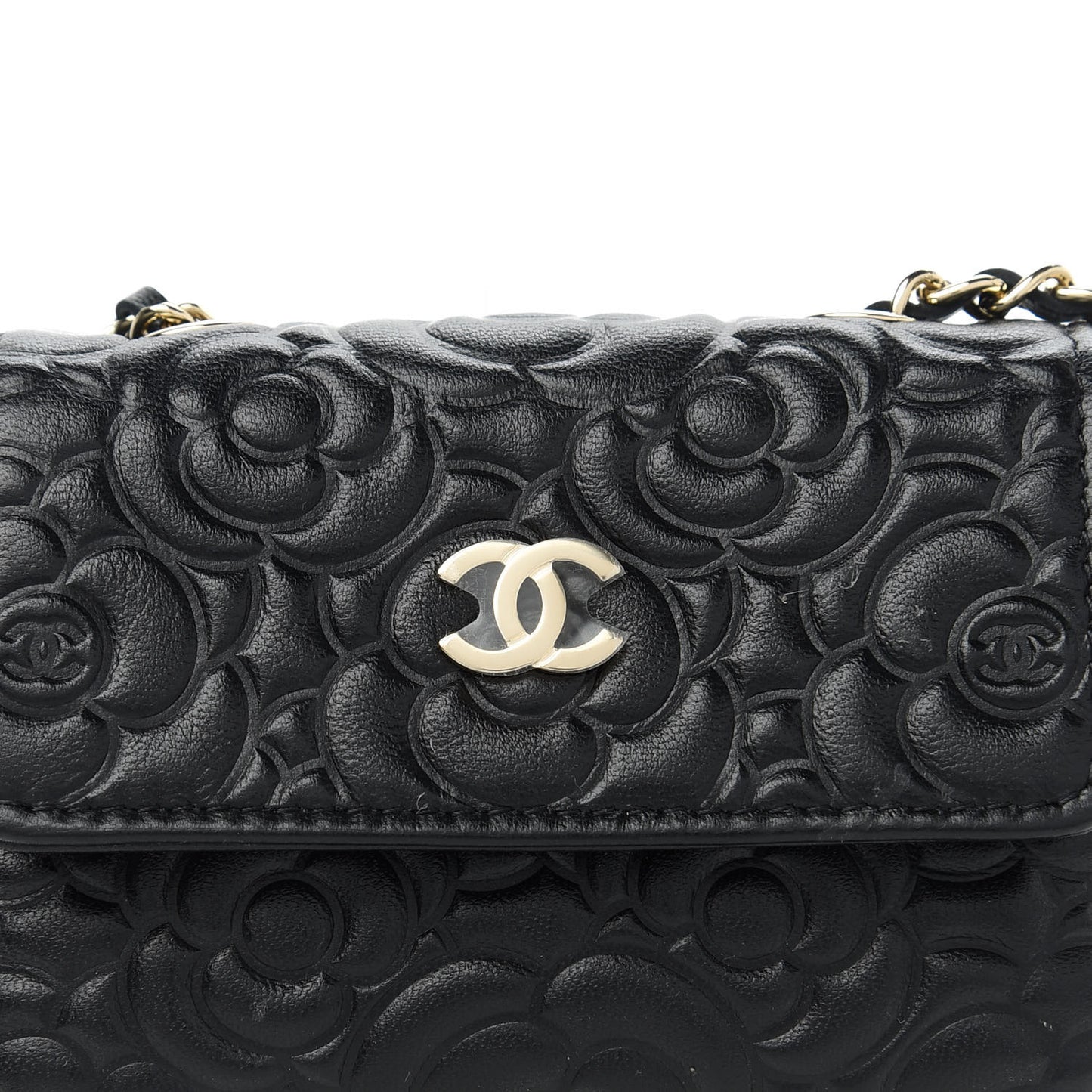 Lambskin Camellia Embossed Chain Belt Bag Black