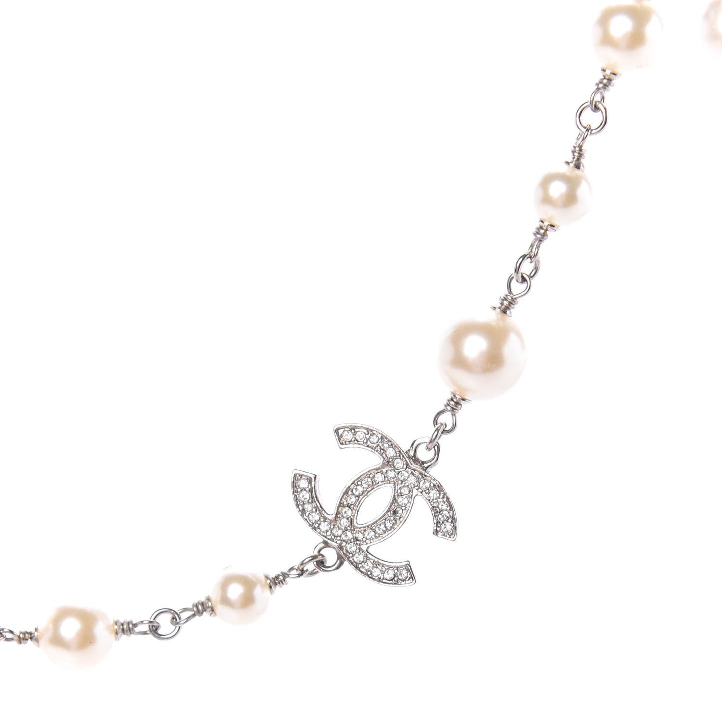Crystal Pearl CC Long Necklace Silver