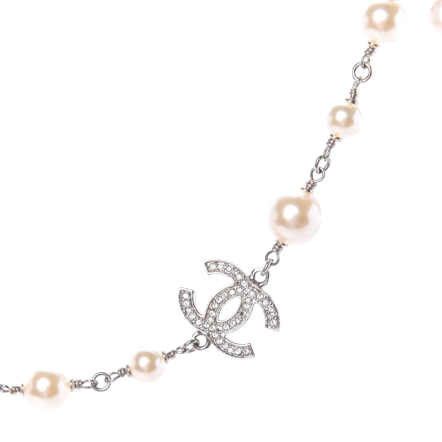 Chanel Crystal Pearl CC Long Necklace Silver 5 of 9