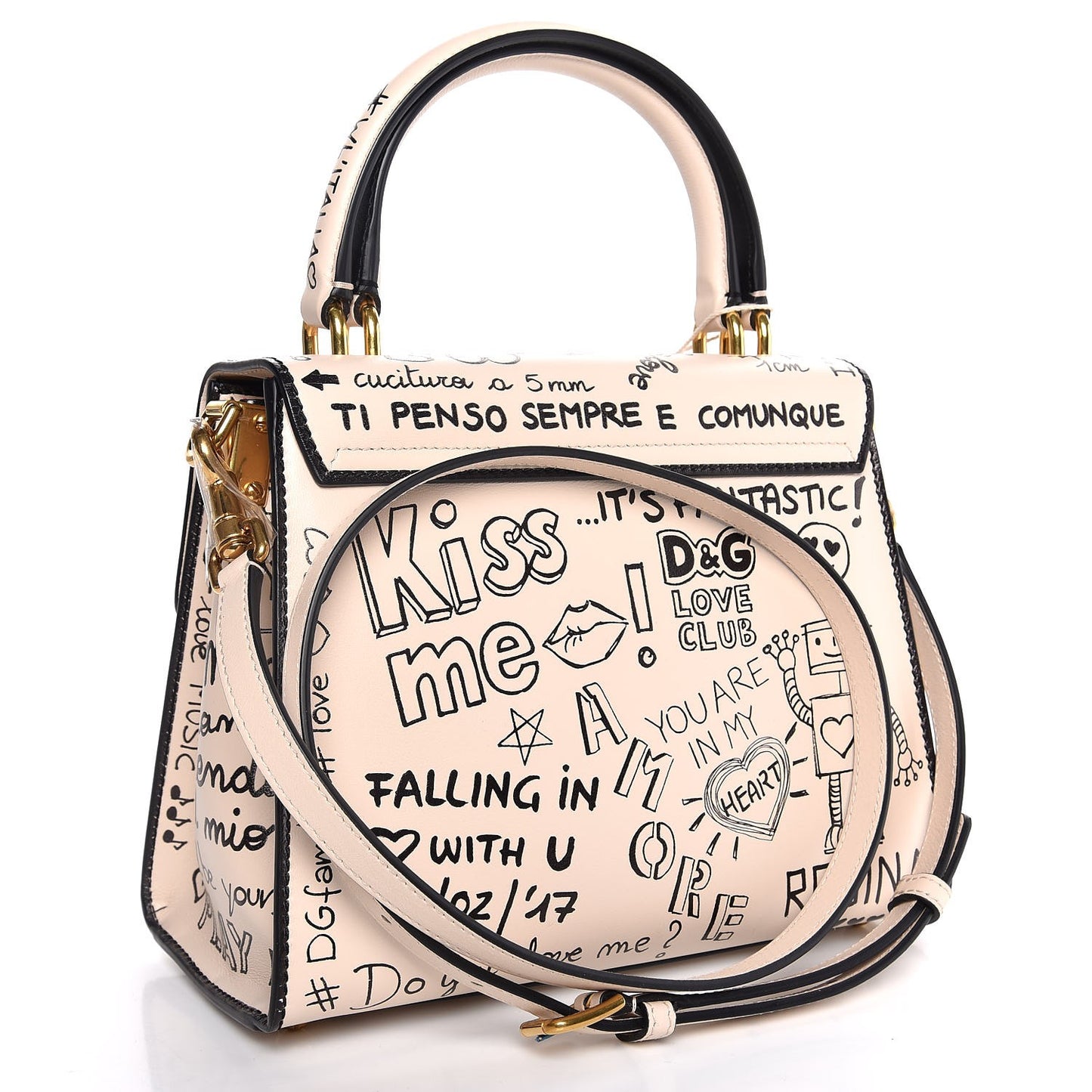 Calfskin Graffiti Printed Welcome Satchel White Black