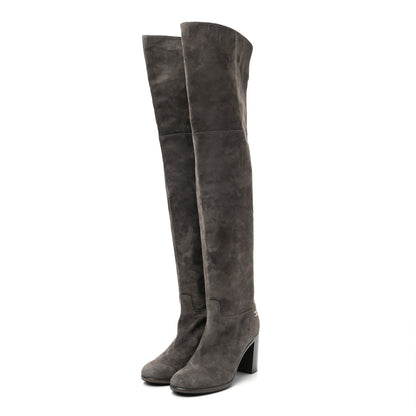 Chanel Suede Calfskin CC Over The Knee Boots 38 Grey 3 of 7