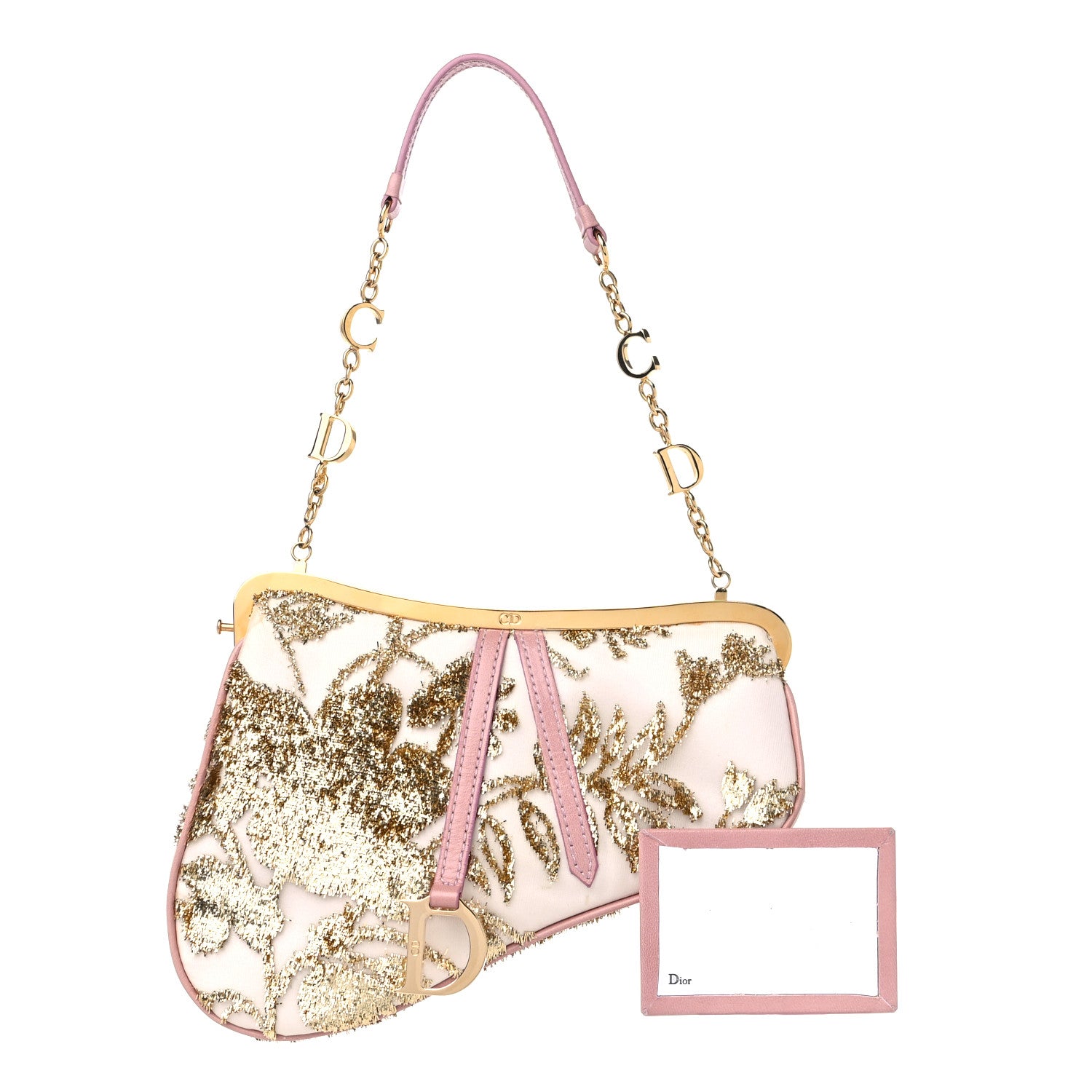 Christian Dior Satin Embroidered Mini Frame Saddle White Gold Pink