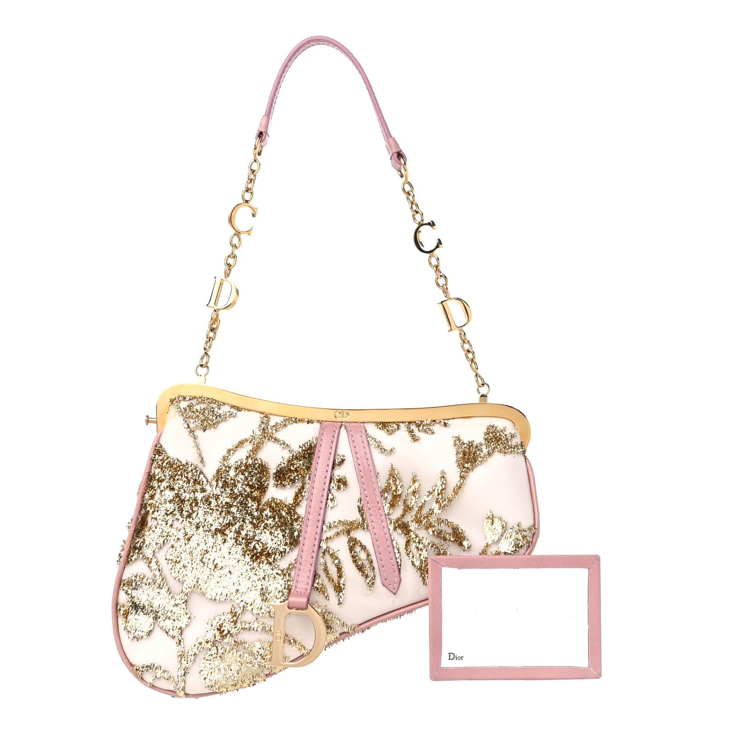 Satin Embroidered Mini Frame Saddle White Gold Pink