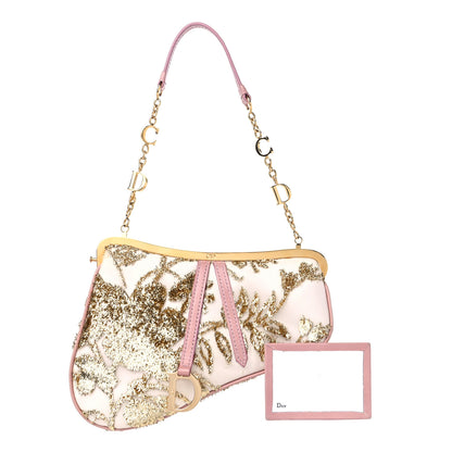 Christian Dior Satin Embroidered Mini Frame Saddle White Gold Pink 1 of 9