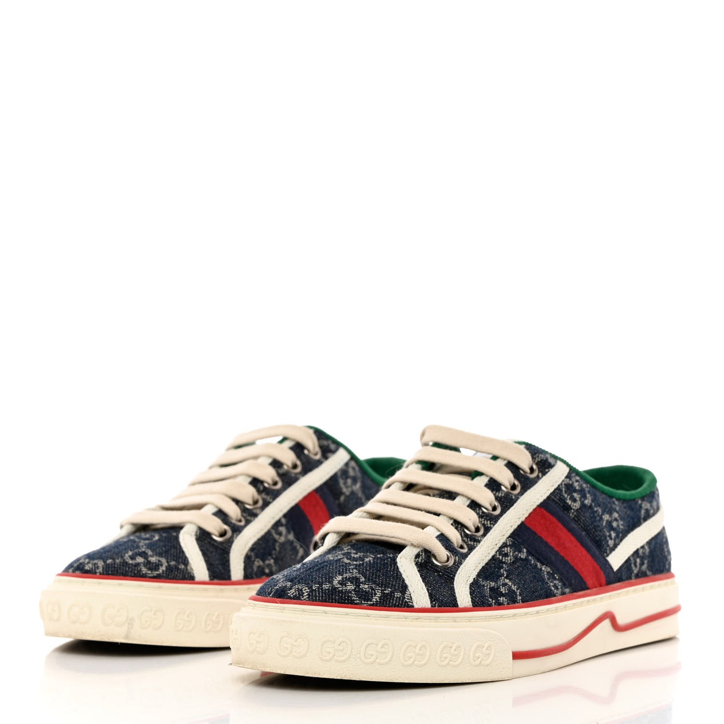 New Denim GG Monogram Web Womens 1977 Tennis Sneakers 35 Blue Tea Mystic White