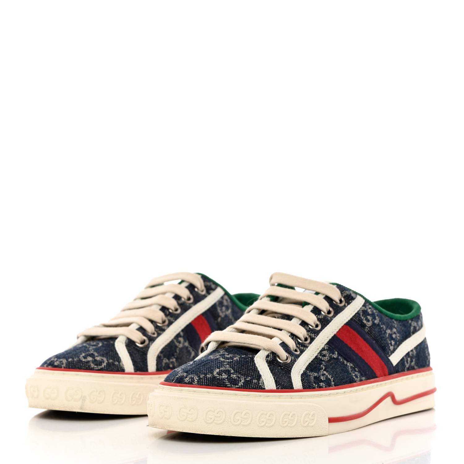 Gucci New Denim GG Monogram Web Womens 1977 Tennis Sneakers 35 Blue Tea Mystic White 3 of 10