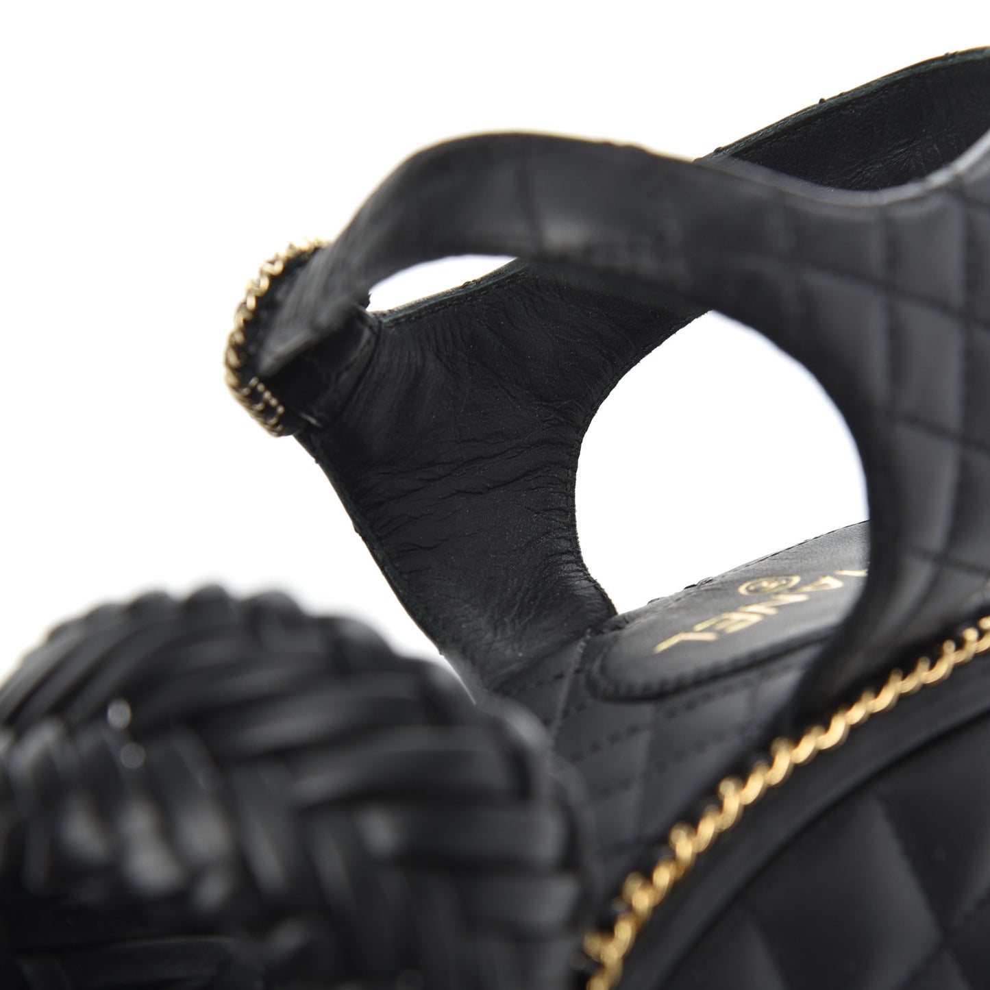 Calfskin Quilted Chain Around Wedge Sandals 39.5 Black