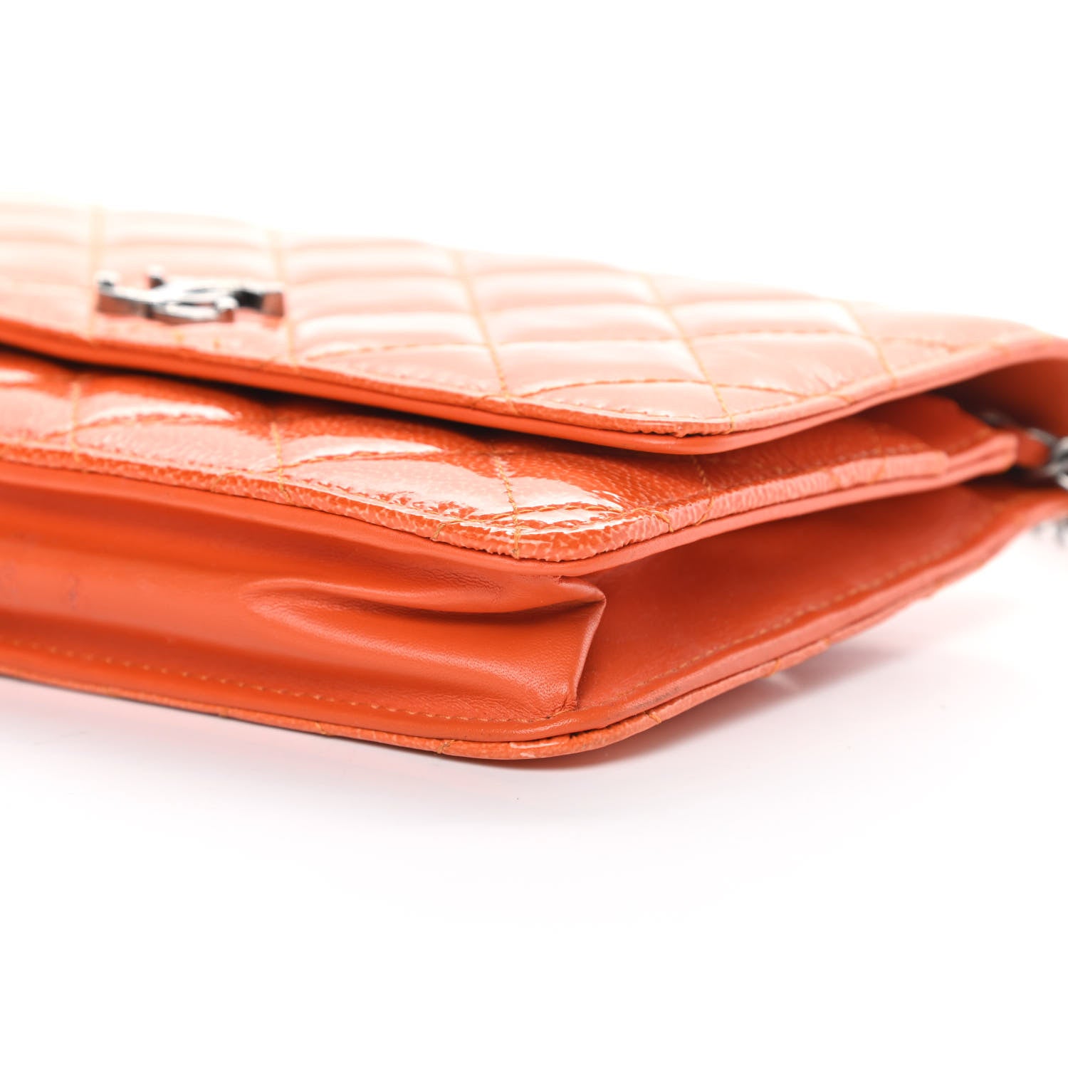 Chanel Distressed Patent Calfskin Quilted Wallet On Chain WOC Orange 11 of 15