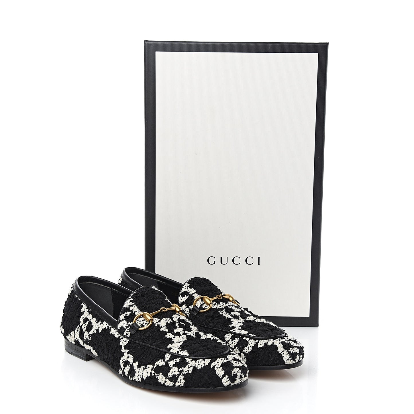 Tweed GG Monogram Horsebit Womens Jordaan Loafers 35.5 Black Natural