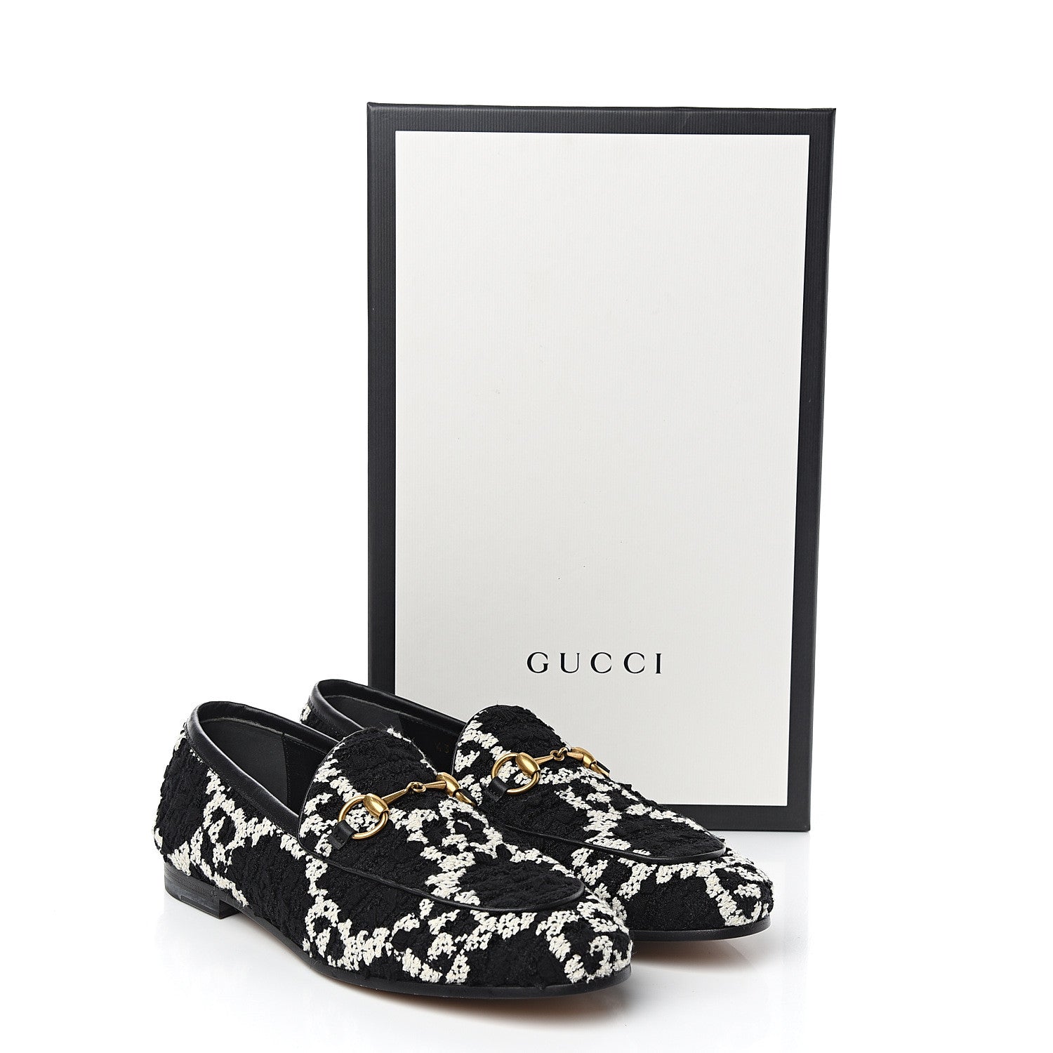 Gucci Tweed GG Monogram Horsebit Womens Jordaan Loafers 35.5 Black Natural 9 of 9