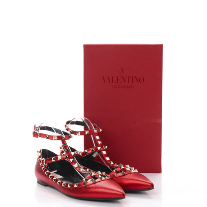 Valentino Garavani Metallic Pebbled Calfskin Rockstud Cage Ballerina Flats 40 Rosso Valentino 9 of 9