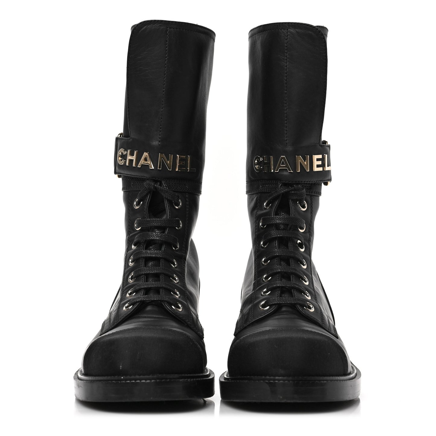 Shiny Calfskin Lace Up Combat Boots 38.5 Black