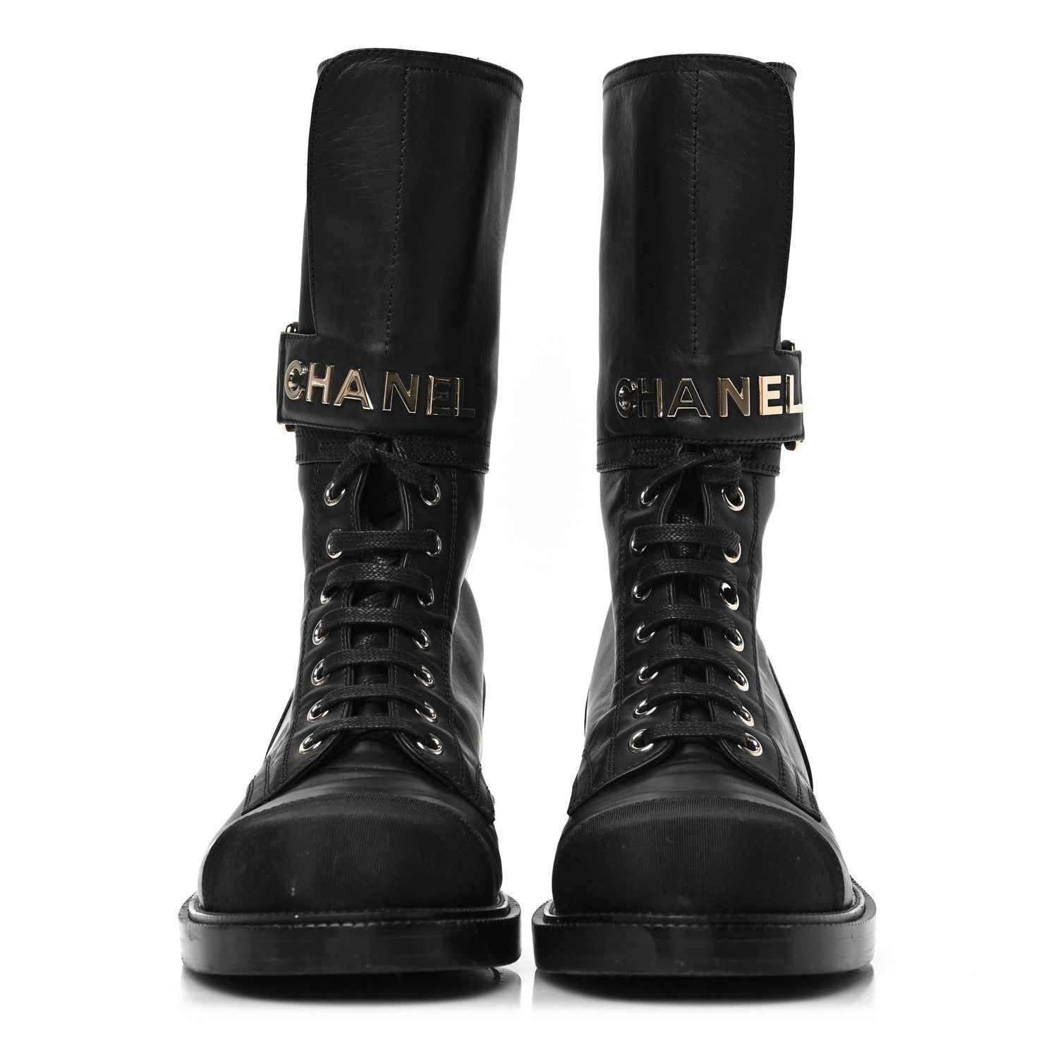 Chanel Shiny Calfskin Lace Up Combat Boots 38.5 Black 2 of 6
