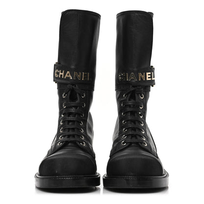 Chanel Shiny Calfskin Lace Up Combat Boots 38.5 Black 2 of 6