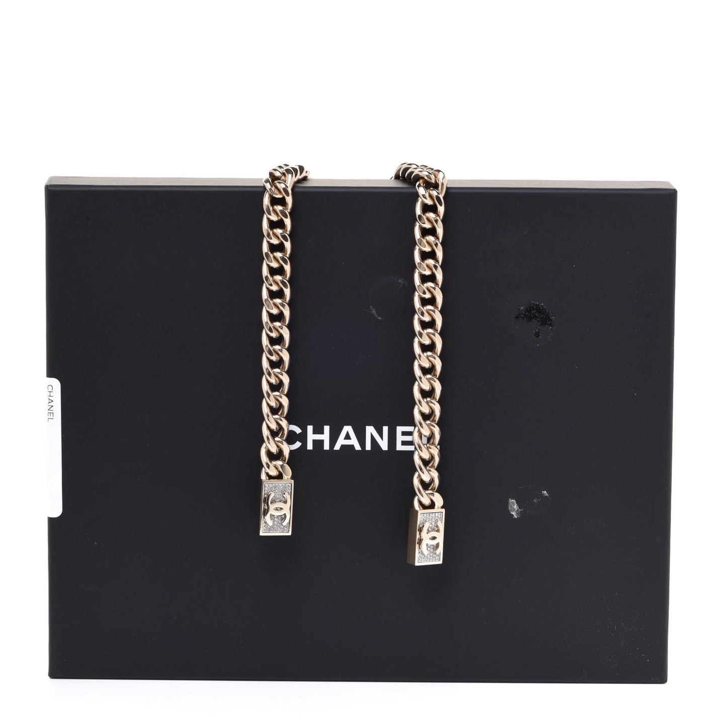 Chain Link Crystal CC Dog Tag Charm Necklace Gold