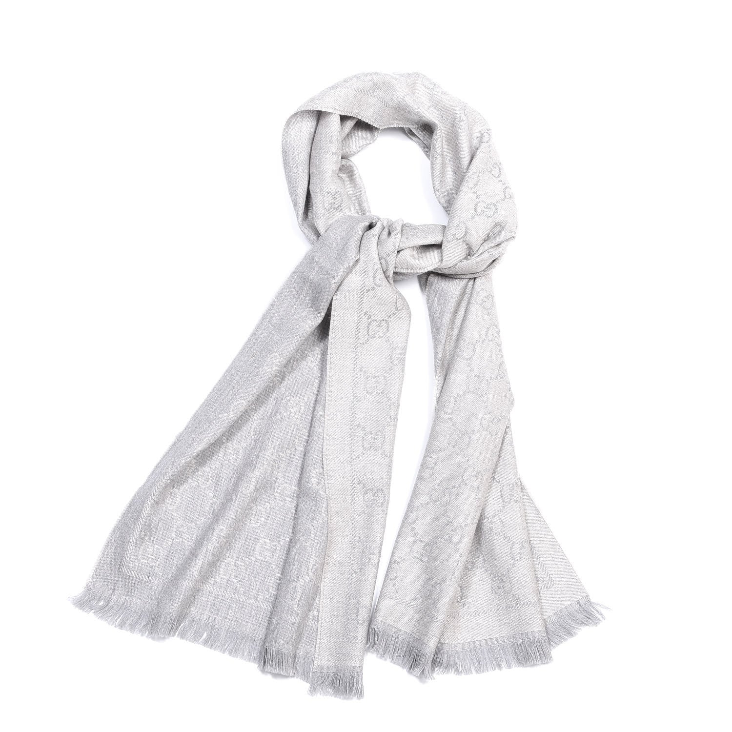 Gucci Wool Monogram Fringe Scarf Gray 1 of 4