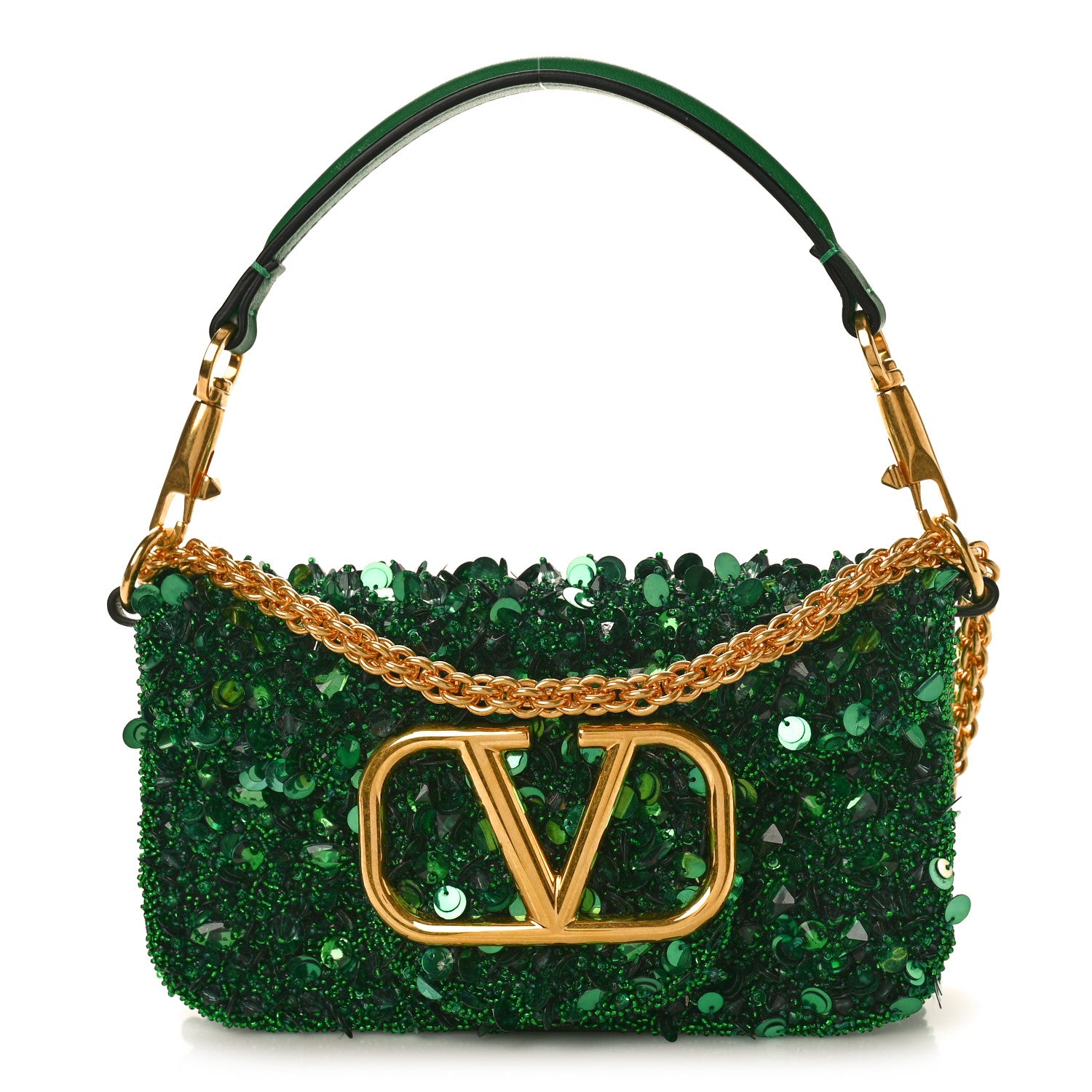 Valentino Garavani Sequin Crystal Vlogo Embroidered Small Loco Shoulder Bag Green 1 of 9