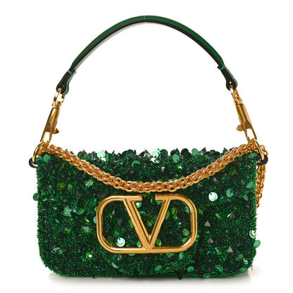 Valentino Garavani Sequin Crystal Vlogo Embroidered Small Loco Shoulder Bag Green 1 of 9
