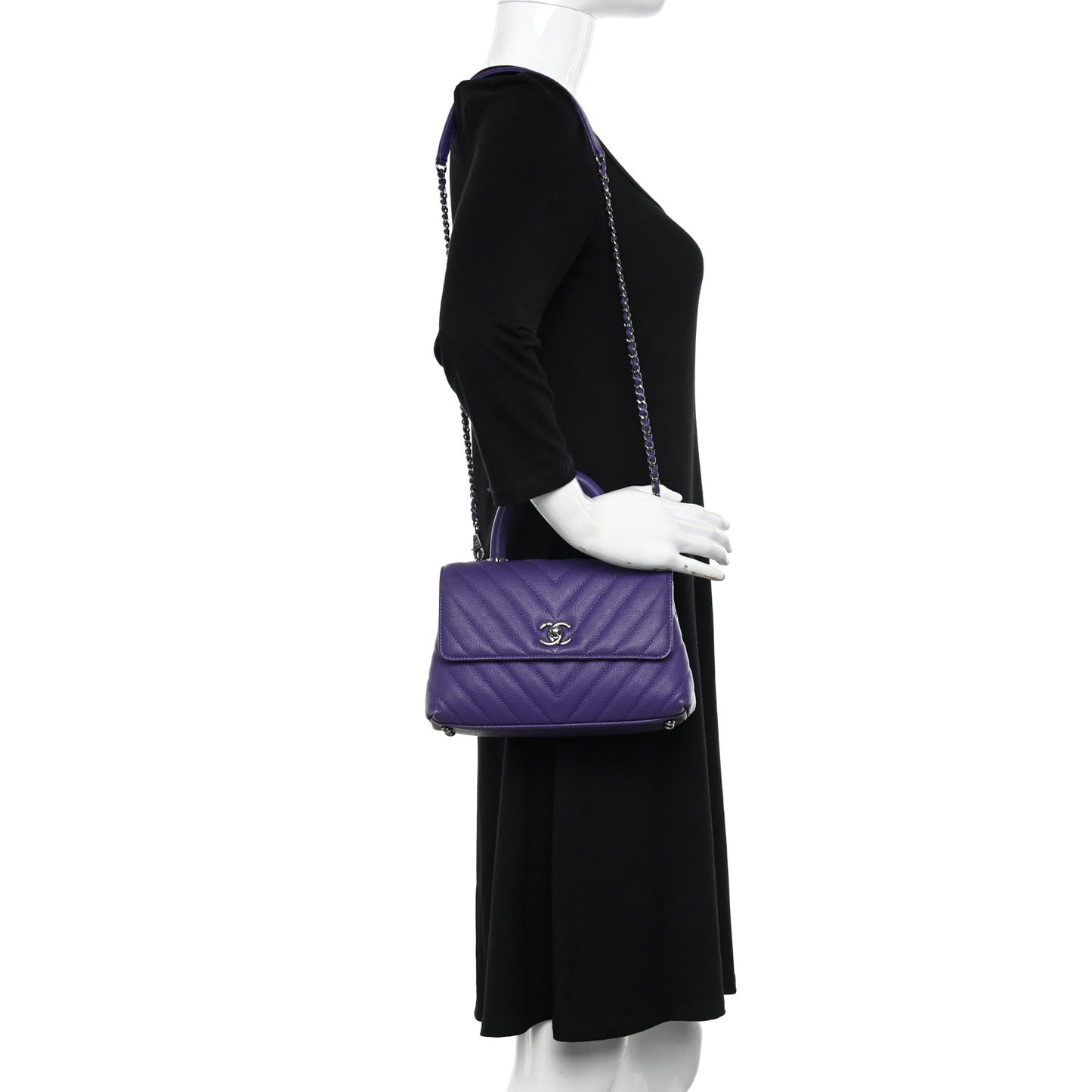 Caviar Chevron Quilted Mini Coco Handle Flap Purple