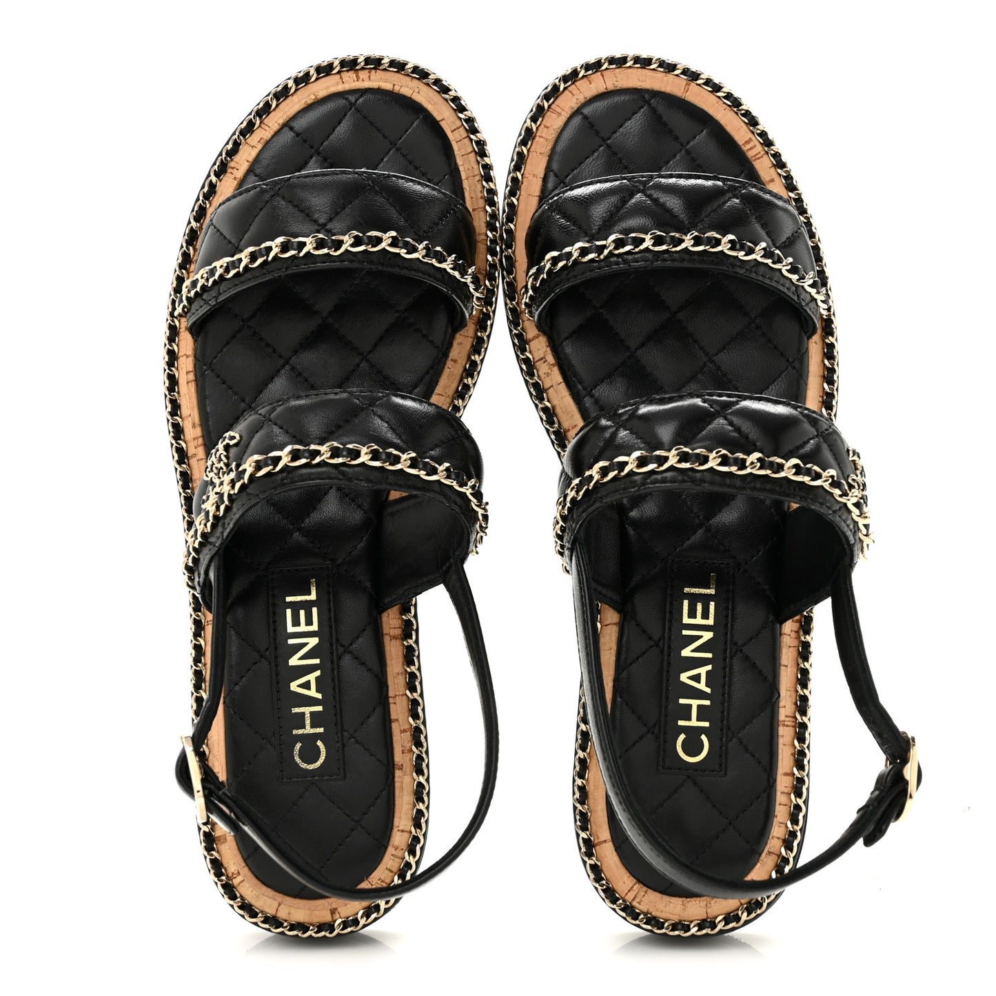 Shiny Lambskin Quilted Chain CC Sandals 39.5 Black