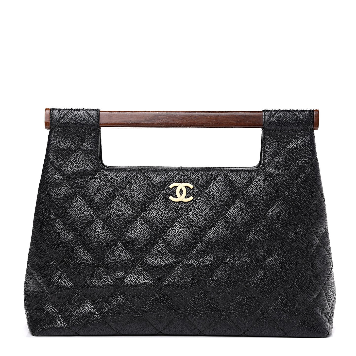 Caviar Quilted Wood Handle Tote Black