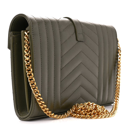 Saint Laurent Grain De Poudre Mixed Matelasse Triquilt Monogram Chain Wallet Kaki 3 of 11