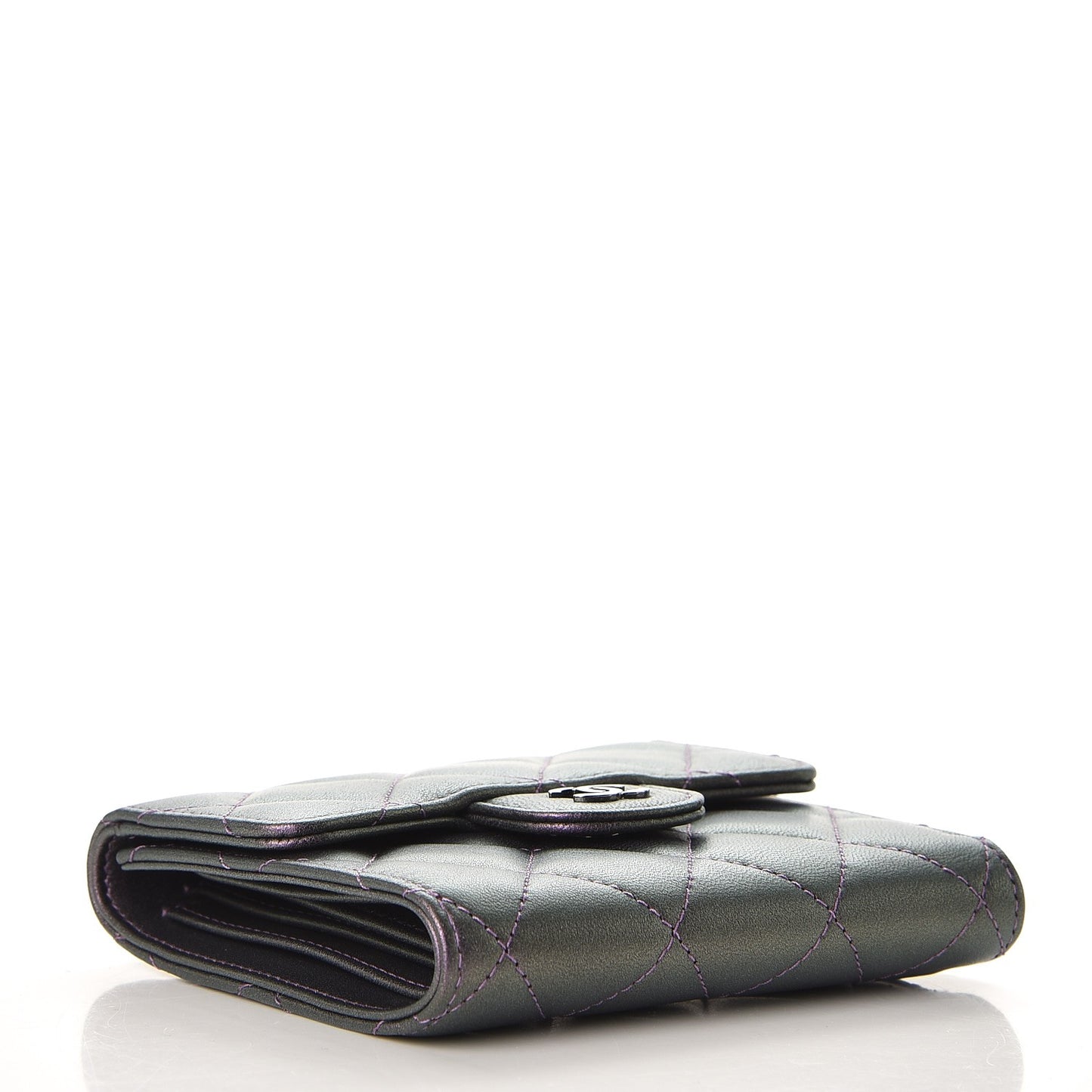 Metallic Lambskin Quilted Compact Flap Wallet Purple