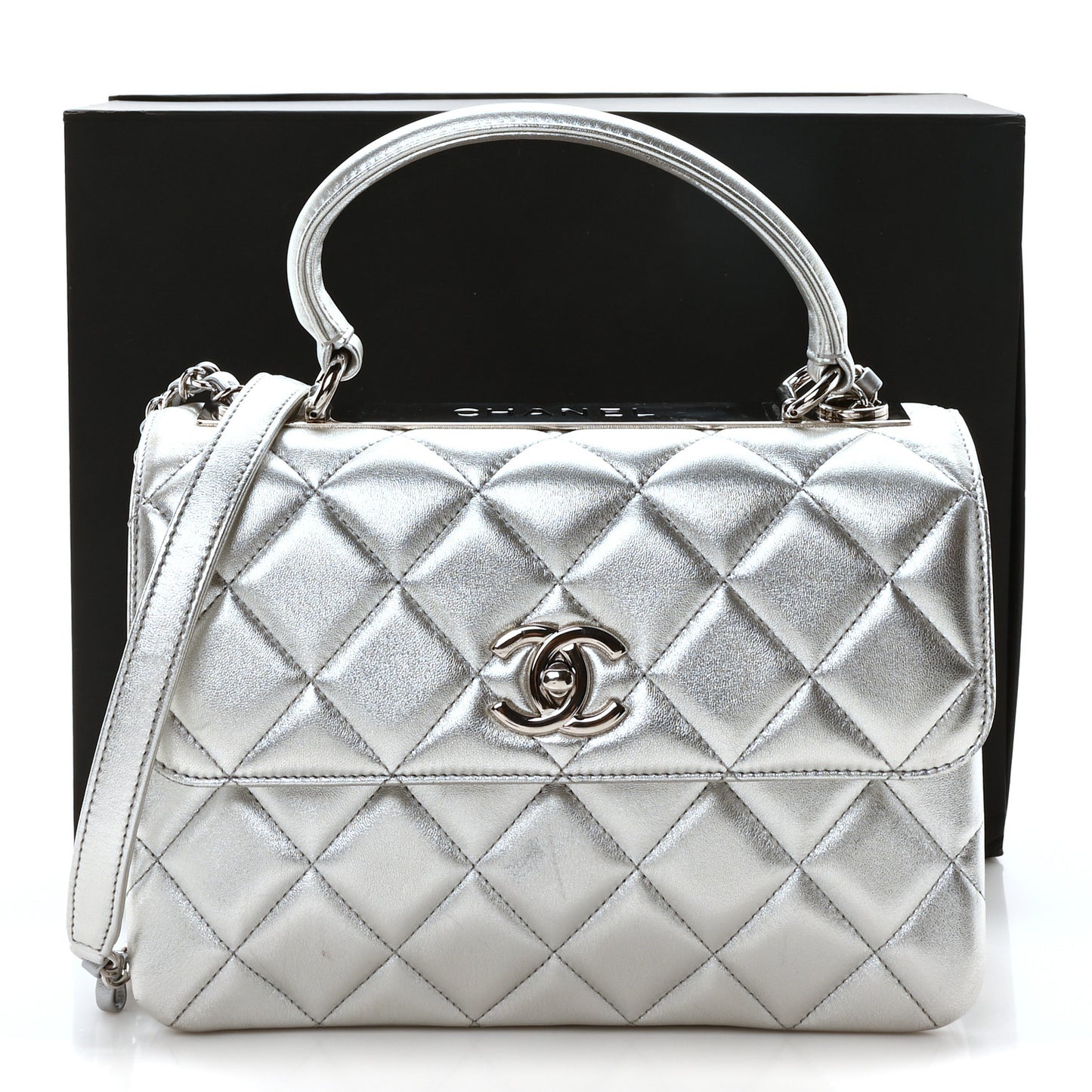 Metallic Lambskin Quilted Small Trendy CC Flap Dual Handle Bag Silver Silver