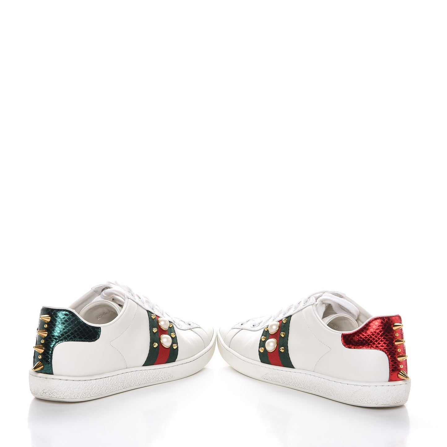 Calfskin Web Pearl Studded Ace Sneakers 37 White