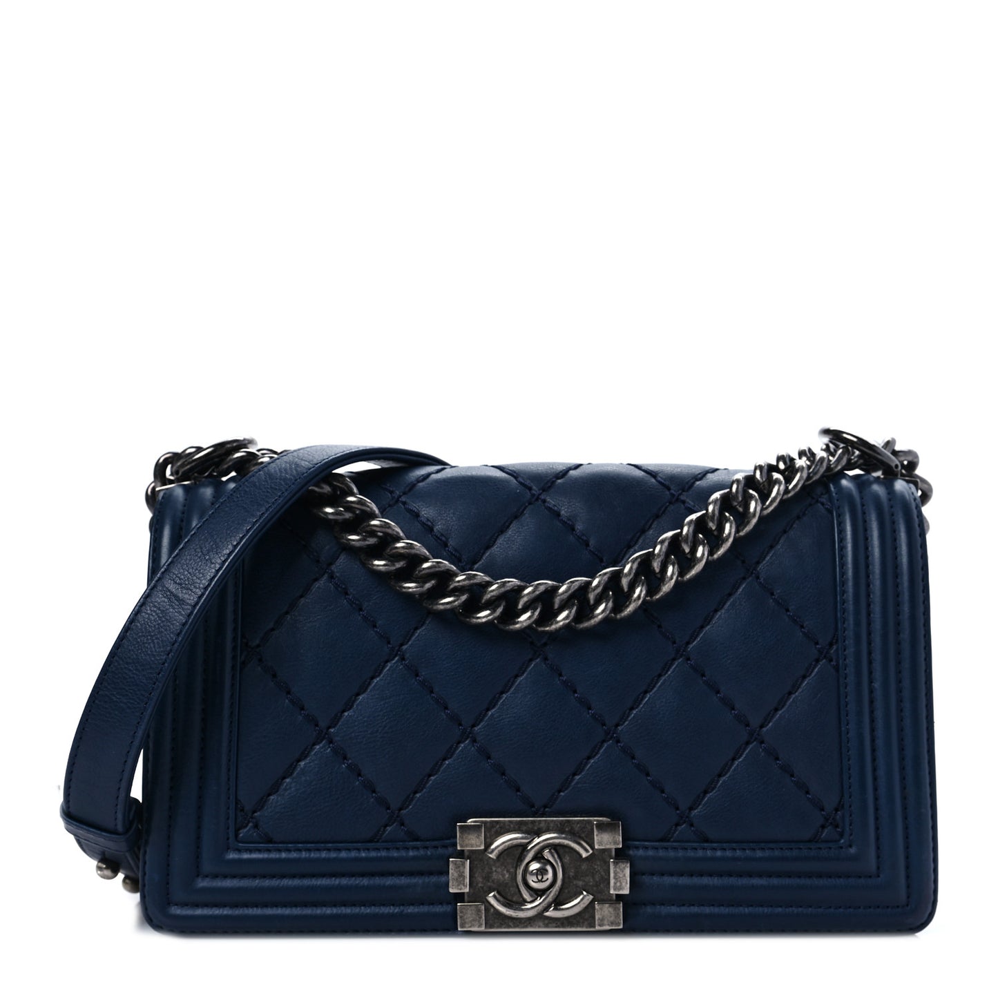 Calfskin Double Stitch Medium Boy Flap Marine