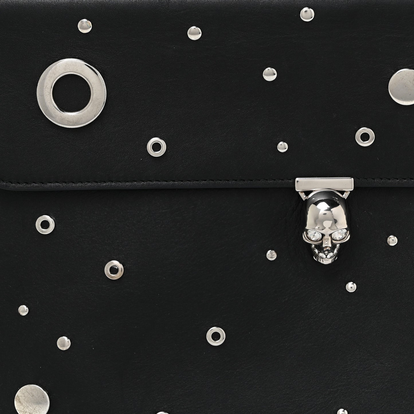 Calfskin Grommet Skull Envelope Clutch Black
