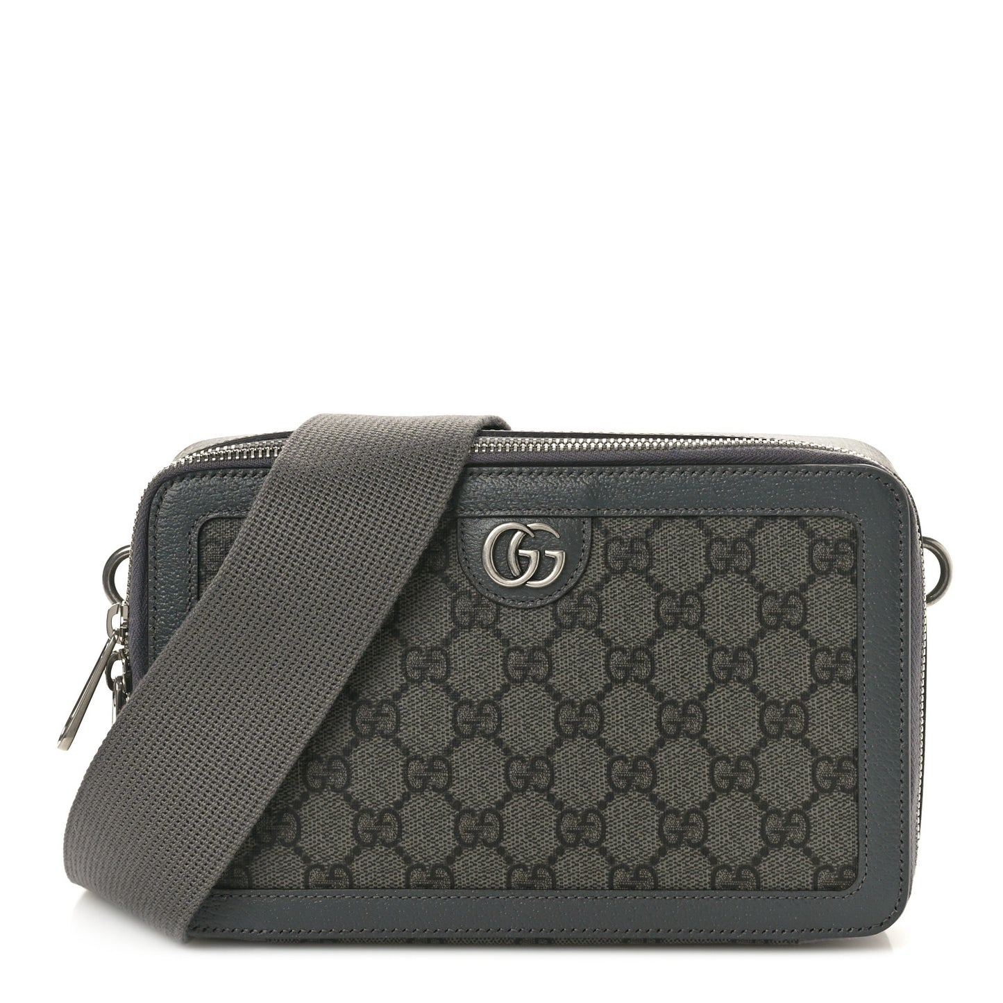 GG Supreme Monogram Textured Dollar Calfskin Small Ophidia Top Handle Shoulder Grey Black Graphite Grey