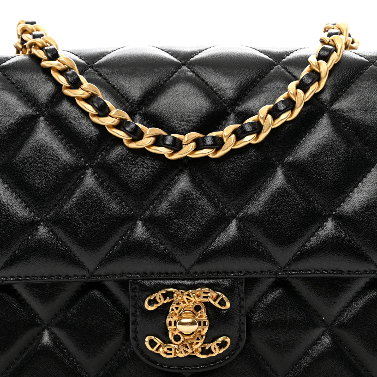 Shiny Lambskin Quilted Mini Flap Black